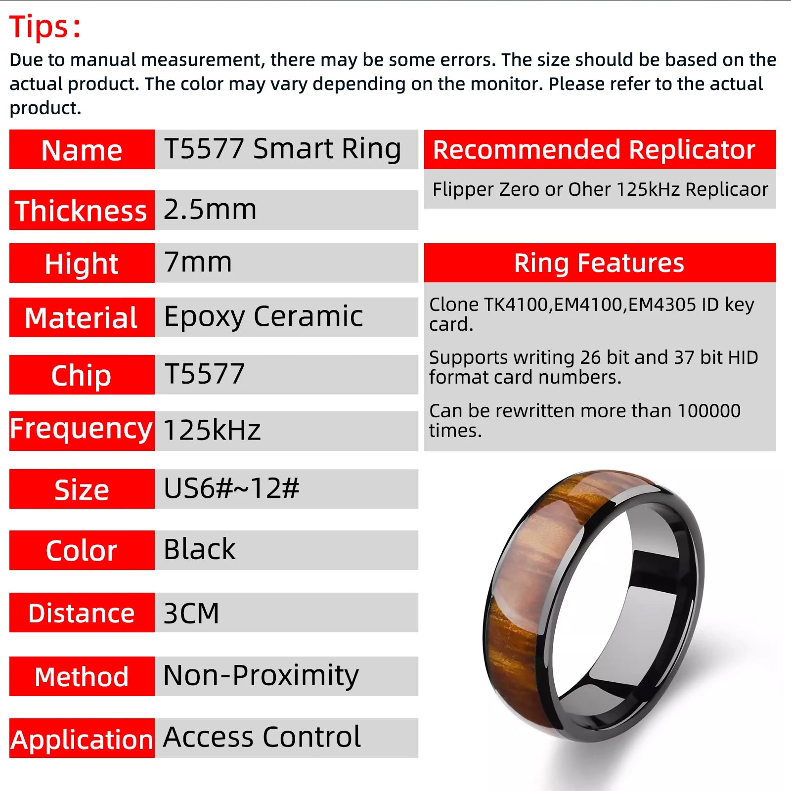 T5577 Chip RFID Smart Ring Ceramic Epoxy Resin Ring Rewritable Clone 125kHz Access Control Lock Key Cards